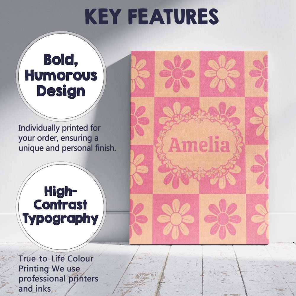 Personalised Name Cute Pink Peach Daisy Custom  Modern Room Accent Elegant Feature Canvas Wall Art Print Decor Picture Ready to Hang