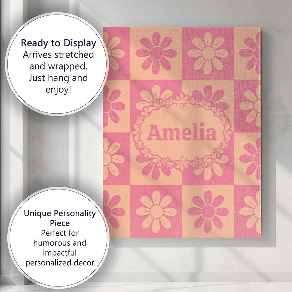 Personalised Name Cute Pink Peach Daisy Custom  Modern Room Accent Elegant Feature Canvas Wall Art Print Decor Picture Ready to Hang