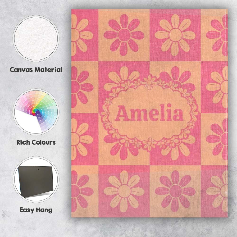 Personalised Name Cute Pink Peach Daisy Custom  Modern Room Accent Elegant Feature Canvas Wall Art Print Decor Picture Ready to Hang