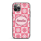 Cute Pink Daisy Checkerboard Floral Seamless Custom Name Protective Phone Case Mobile Cover Durable Everyday Smartphone Shock Resistant
