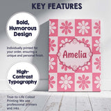 Personalised Name Cute Pink Daisy Checkerboard Floral Seamless Premium Decorative Design Canvas Wall Art Print Decor Picture Ready to Hang