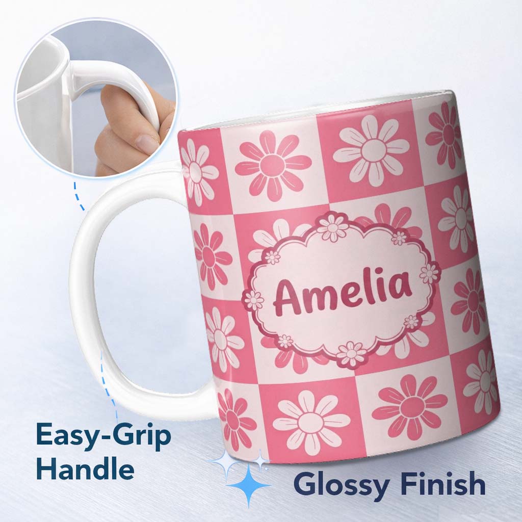 Personalized Custom Name Cute Pink Daisy Checkerboard Floral Seamless Pattern Name Unique 11oz Ceramic Coffee Tea Mug White Large Handle