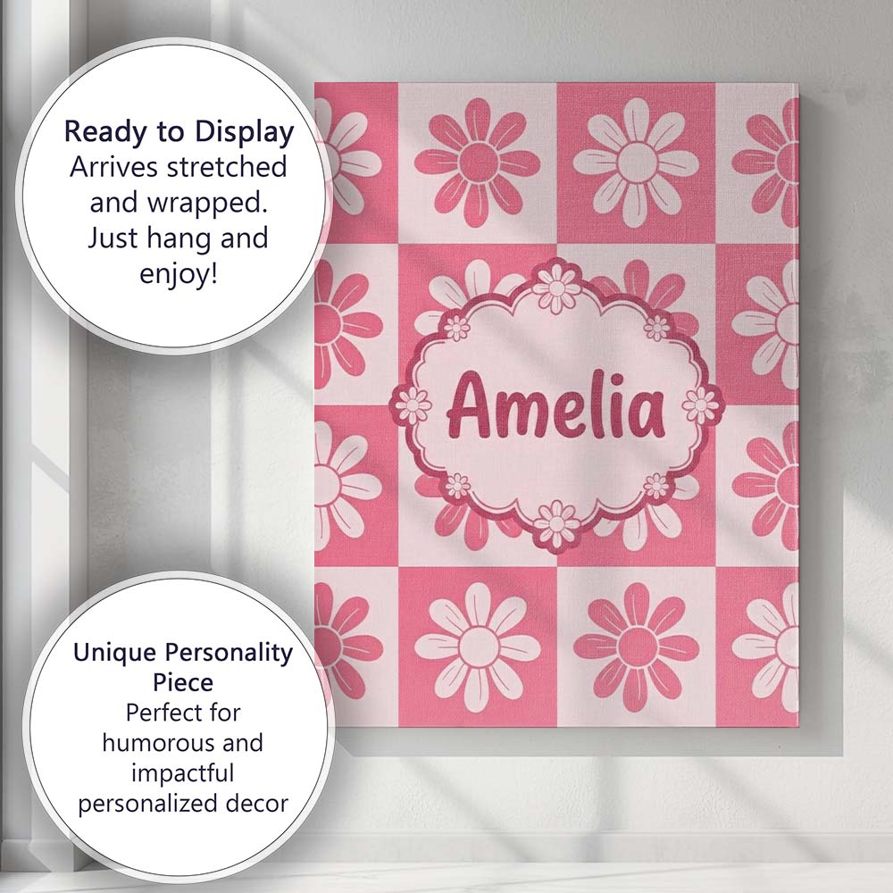 Personalised Name Cute Pink Daisy Checkerboard Floral Seamless Premium Decorative Design Canvas Wall Art Print Decor Picture Ready to Hang