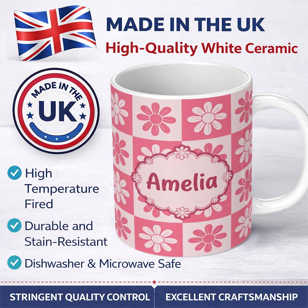 Personalized Custom Name Cute Pink Daisy Checkerboard Floral Seamless Pattern Name Unique 11oz Ceramic Coffee Tea Mug White Large Handle