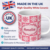 Personalized Custom Name Cute Pink Daisy Checkerboard Floral Seamless Pattern Name Unique 11oz Ceramic Coffee Tea Mug White Large Handle