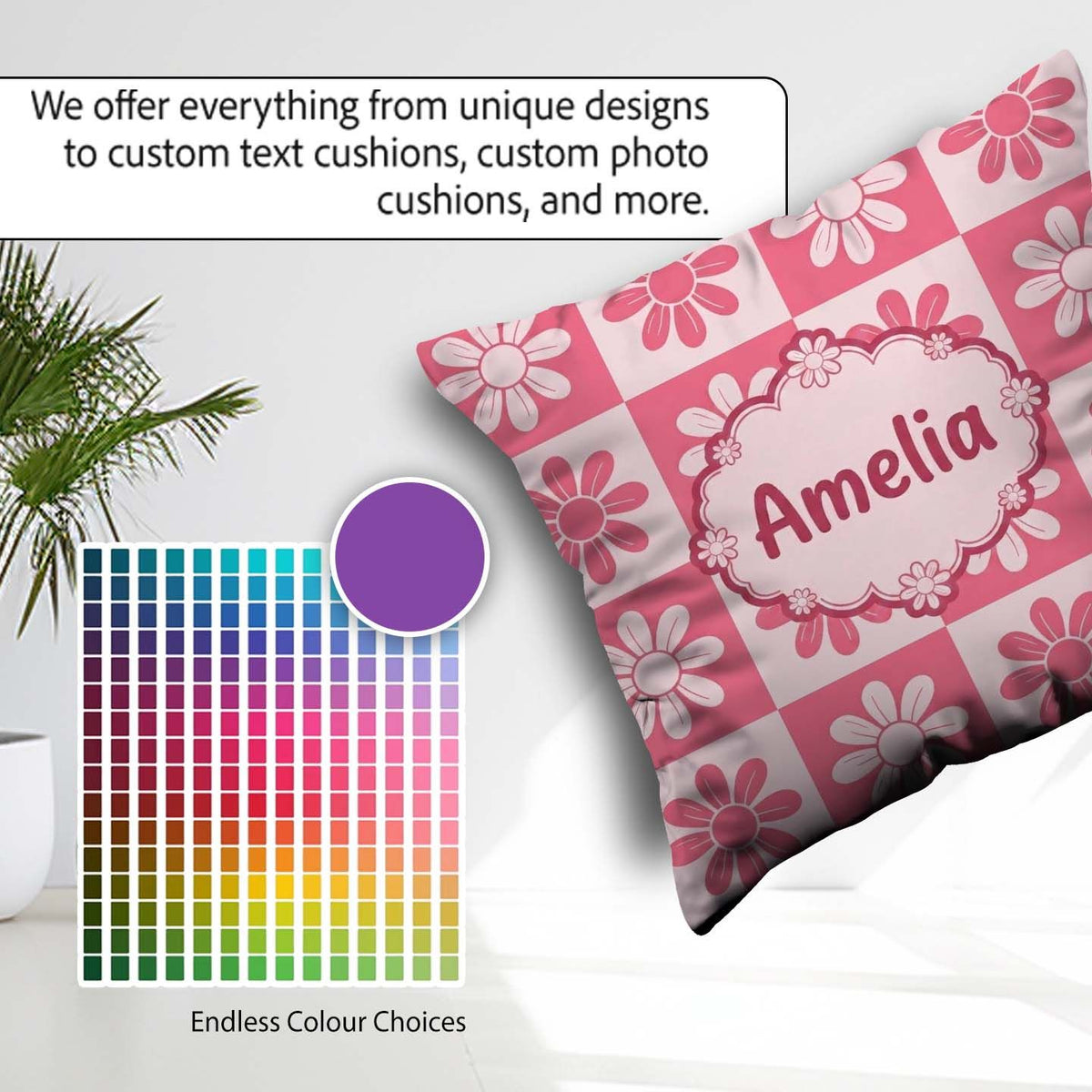 Custom Name Pink Daisy Checkerboard Floral Seamless Pattern Name Square Filled Cushion Throw Pillow Sofa Bed Home Decor Zip Washable UK Made