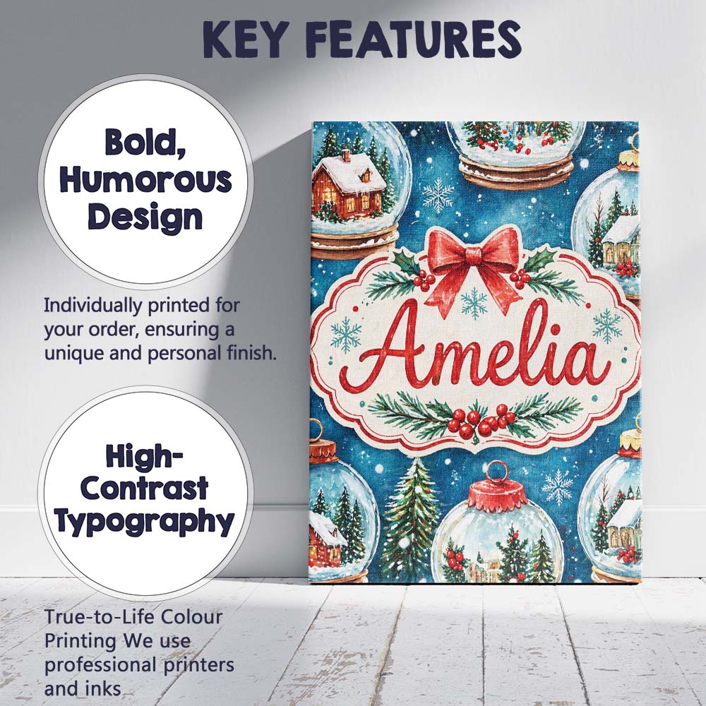 Personalised Name Watercolor Christmas Snow Globe Winter Seamless Custom  Bespoke Canvas Wall Art Print Decor Picture Ready to Hang