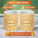 Personalized Custom Name Cute Orange Yellow Daisy Checkerboard Floral Seamless Pattern Name 11oz Ceramic Coffee Tea Mug White Large Handle