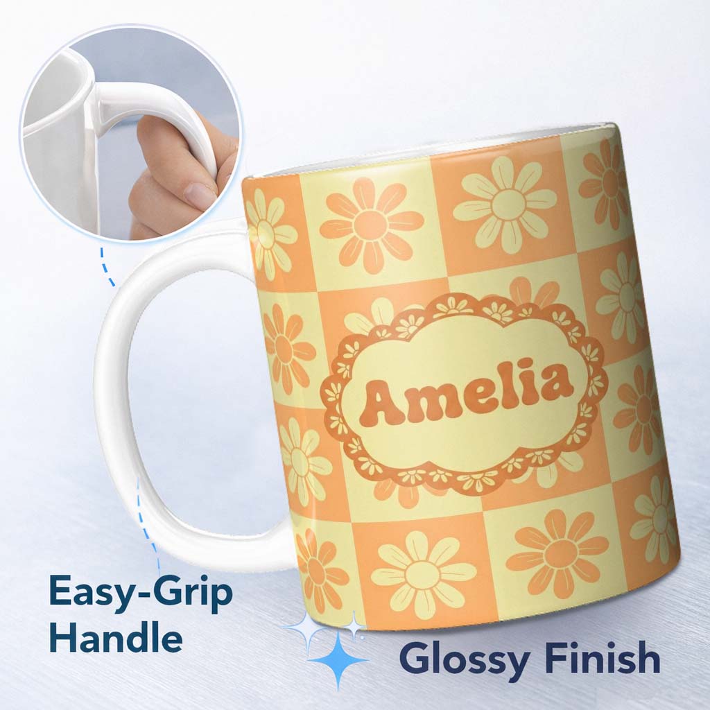 Personalized Custom Name Cute Orange Yellow Daisy Checkerboard Floral Seamless Pattern Name 11oz Ceramic Coffee Tea Mug White Large Handle