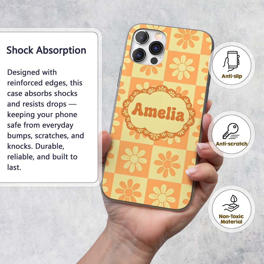 Cute Orange Yellow Daisy Checkerboard Floral Custom Name Protective Phone Case Mobile Cover Durable Everyday Smartphone Shock Resistant