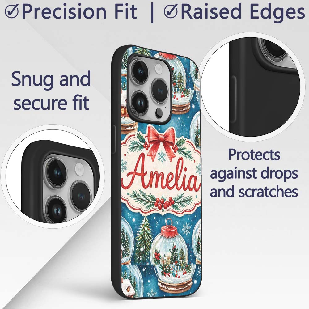 Watercolor Christmas Snow Globe Winter Seamless Custom Name Protective Phone Case Mobile Cover Durable Everyday Smartphone Shock Resistant