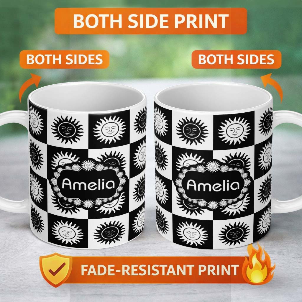 Personalized Custom Name Cute Black White Sun Face Checkerboard Celestial Seamless Pattern 11oz Ceramic Coffee Tea Mug White Large Handle