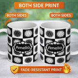 Personalized Custom Name Cute Black White Sun Face Checkerboard Celestial Seamless Pattern 11oz Ceramic Coffee Tea Mug White Large Handle