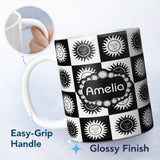 Personalized Custom Name Cute Black White Sun Face Checkerboard Celestial Seamless Pattern 11oz Ceramic Coffee Tea Mug White Large Handle