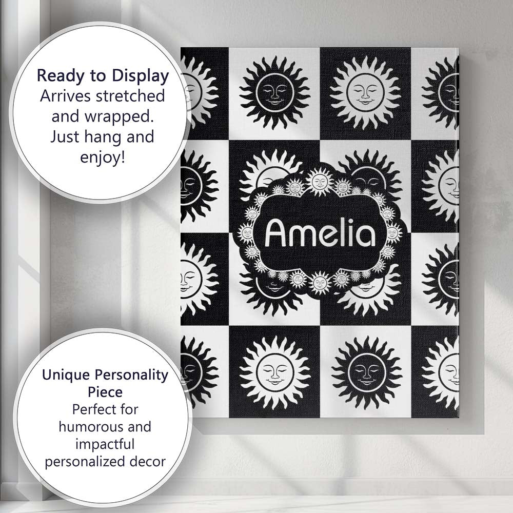 Personalised Name Cute Black White Sun Face Custom  Bespoke Interior Contemporary Canvas Wall Art Print Decor Picture Ready to Hang