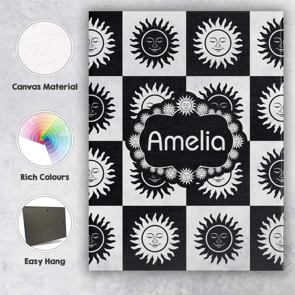 Personalised Name Cute Black White Sun Face Custom  Bespoke Interior Contemporary Canvas Wall Art Print Decor Picture Ready to Hang