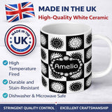 Personalized Custom Name Cute Black White Sun Face Checkerboard Celestial Seamless Pattern 11oz Ceramic Coffee Tea Mug White Large Handle