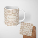 Personalized Custom Name Cute Beige Neutral Sun Face Checkerboard Celestial Seamless Pattern 11oz Ceramic Coffee Tea Mug White Large Handle