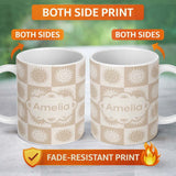 Personalized Custom Name Cute Beige Neutral Sun Face Checkerboard Celestial Seamless Pattern 11oz Ceramic Coffee Tea Mug White Large Handle