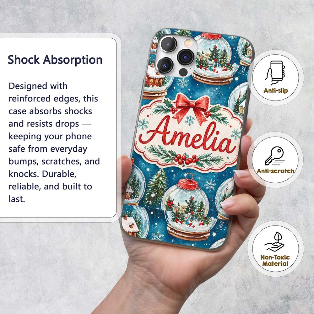 Watercolor Christmas Snow Globe Winter Seamless Custom Name Protective Phone Case Mobile Cover Durable Everyday Smartphone Shock Resistant