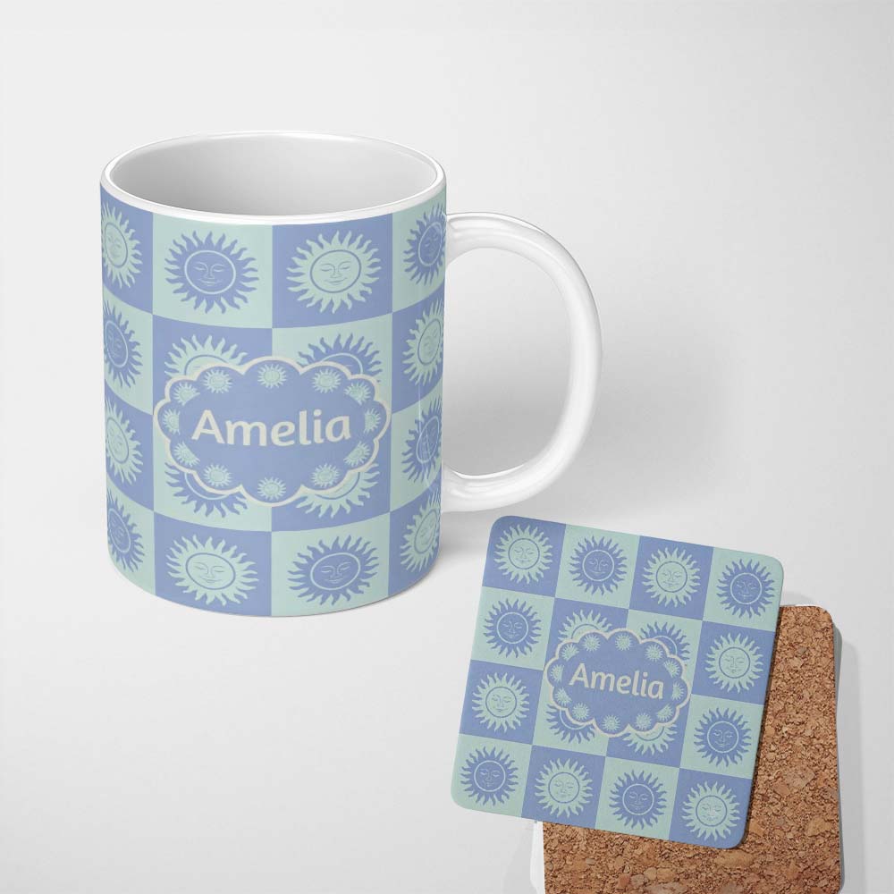 Personalized Custom Name Cute Blue Pastel Sun Face Checkerboard Celestial Seamless Pattern 11oz Ceramic Coffee Tea Mug White Large Handle