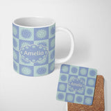 Personalized Custom Name Cute Blue Pastel Sun Face Checkerboard Celestial Seamless Pattern 11oz Ceramic Coffee Tea Mug White Large Handle