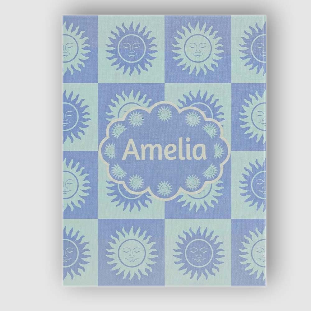 Personalised Name Cute Blue Pastel Sun Face Custom  Bespoke Interior Contemporary Canvas Wall Art Print Decor Picture Ready to Hang