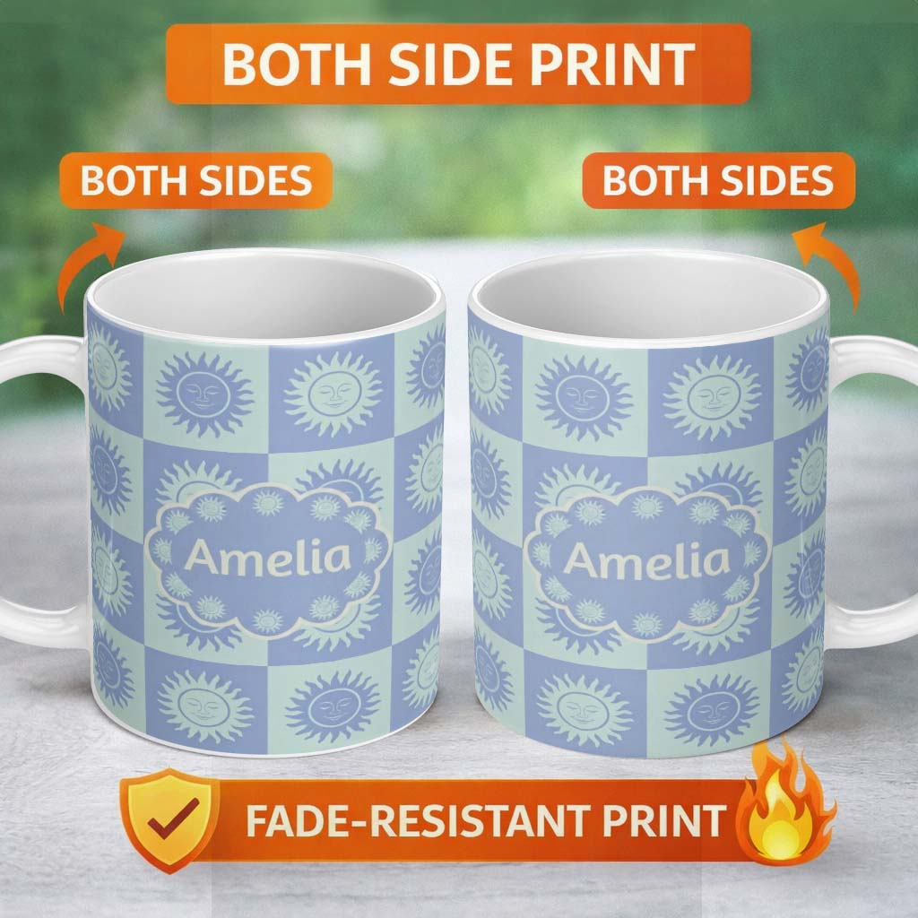 Personalized Custom Name Cute Blue Pastel Sun Face Checkerboard Celestial Seamless Pattern 11oz Ceramic Coffee Tea Mug White Large Handle