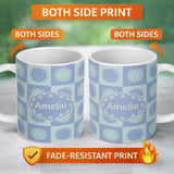 Personalized Custom Name Cute Blue Pastel Sun Face Checkerboard Celestial Seamless Pattern 11oz Ceramic Coffee Tea Mug White Large Handle