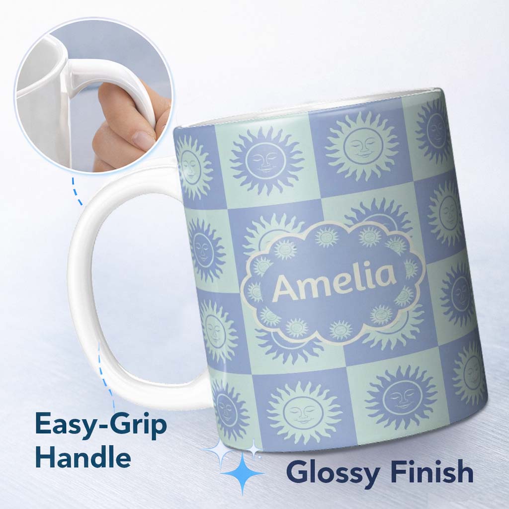 Personalized Custom Name Cute Blue Pastel Sun Face Checkerboard Celestial Seamless Pattern 11oz Ceramic Coffee Tea Mug White Large Handle