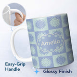 Personalized Custom Name Cute Blue Pastel Sun Face Checkerboard Celestial Seamless Pattern 11oz Ceramic Coffee Tea Mug White Large Handle