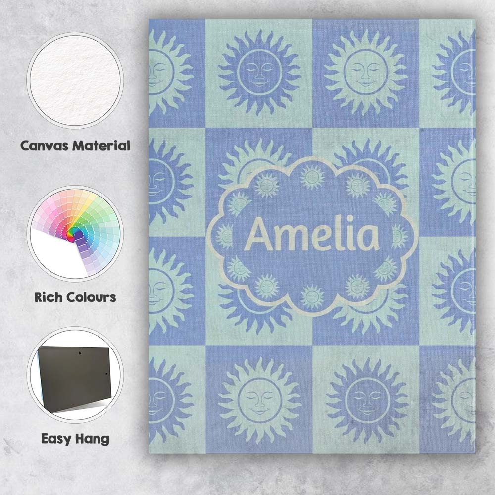 Personalised Name Cute Blue Pastel Sun Face Custom  Bespoke Interior Contemporary Canvas Wall Art Print Decor Picture Ready to Hang