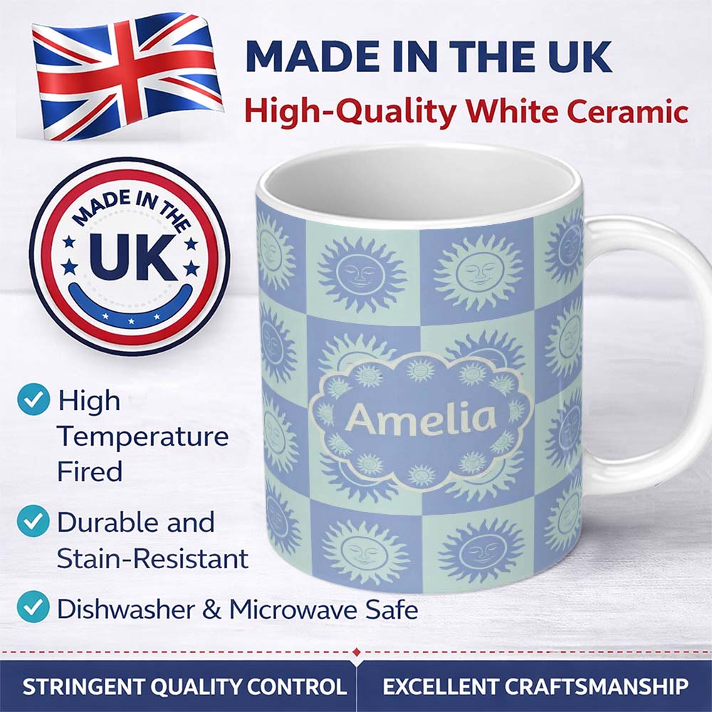 Personalized Custom Name Cute Blue Pastel Sun Face Checkerboard Celestial Seamless Pattern 11oz Ceramic Coffee Tea Mug White Large Handle