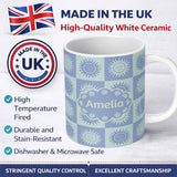 Personalized Custom Name Cute Blue Pastel Sun Face Checkerboard Celestial Seamless Pattern 11oz Ceramic Coffee Tea Mug White Large Handle