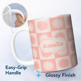 Personalized Custom Name Cute Soft Coral Sun Face Checkerboard Celestial Seamless Pattern 11oz Ceramic Coffee Tea Mug White Large Handle