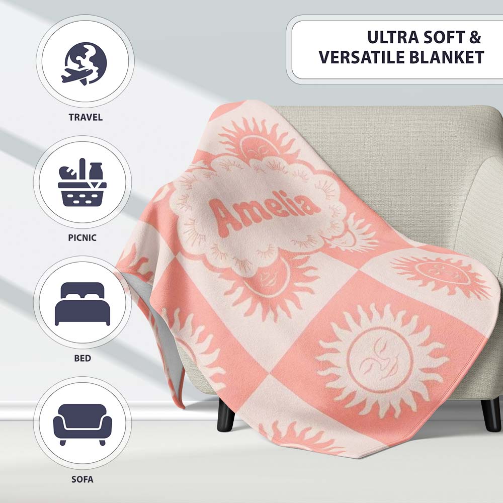 Cute Soft Coral Sun Face Checkerboard Celestial Seamless Pattern  Personalised Custom Name Super Soft Fleece Blanket Bed Sofa Throw