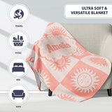 Cute Soft Coral Sun Face Checkerboard Celestial Seamless Pattern  Personalised Custom Name Super Soft Fleece Blanket Bed Sofa Throw