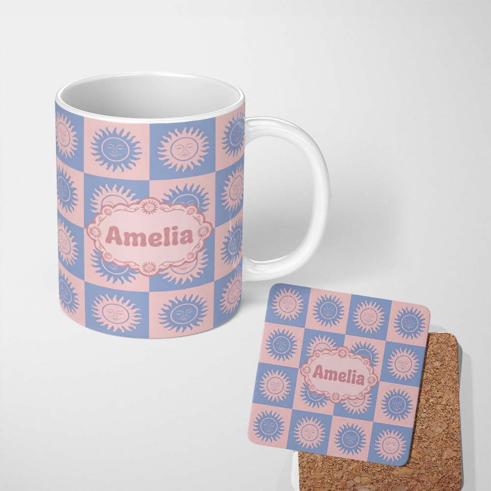 Personalized Custom Name Cute Blue Pink Sun Face Checkerboard Celestial Seamless Pattern Name 11oz Ceramic Coffee Tea Mug White Large Handle