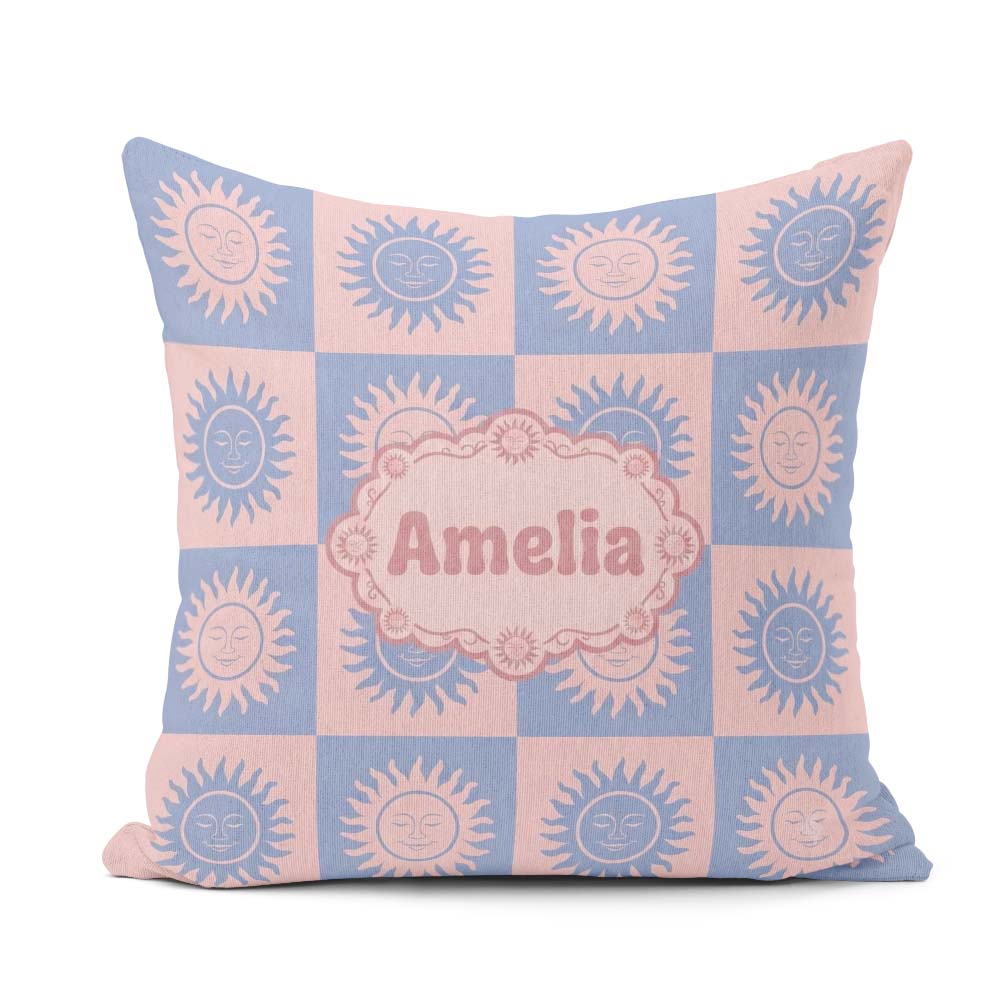 Custom Name Blue Pink Sun Face Celestial Seamless Pattern Name Square Filled Cushion Throw Pillow Sofa Bed Home Decor Zip Washable UK Made