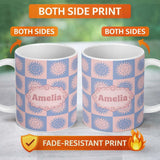 Personalized Custom Name Cute Blue Pink Sun Face Checkerboard Celestial Seamless Pattern Name 11oz Ceramic Coffee Tea Mug White Large Handle