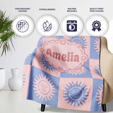 Cute Blue Pink Sun Face Checkerboard Celestial Seamless Pattern Name  Personalised Custom Name Super Soft Fleece Blanket Bed Sofa Throw