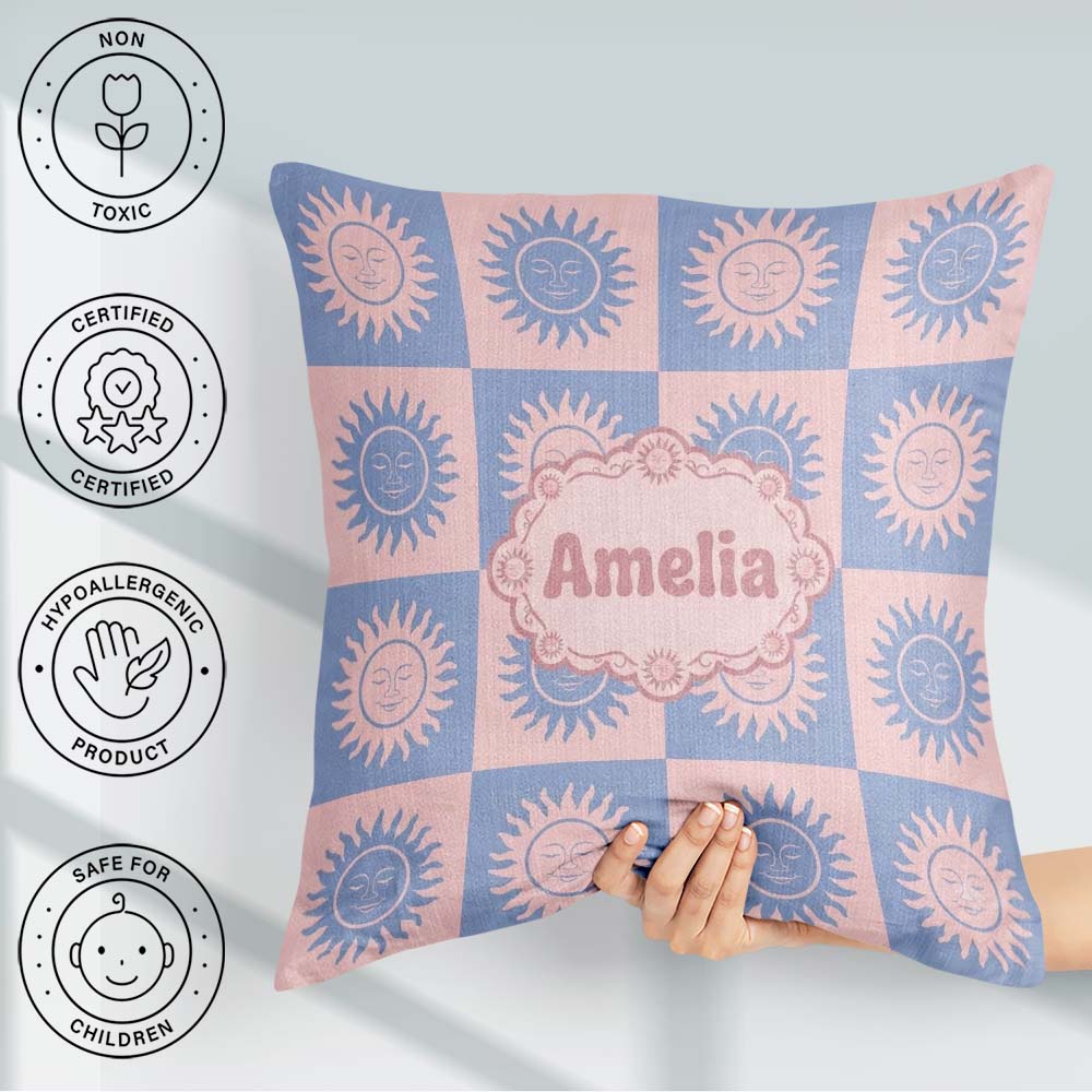 Custom Name Blue Pink Sun Face Celestial Seamless Pattern Name Square Filled Cushion Throw Pillow Sofa Bed Home Decor Zip Washable UK Made