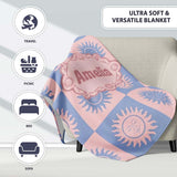 Cute Blue Pink Sun Face Checkerboard Celestial Seamless Pattern Name  Personalised Custom Name Super Soft Fleece Blanket Bed Sofa Throw
