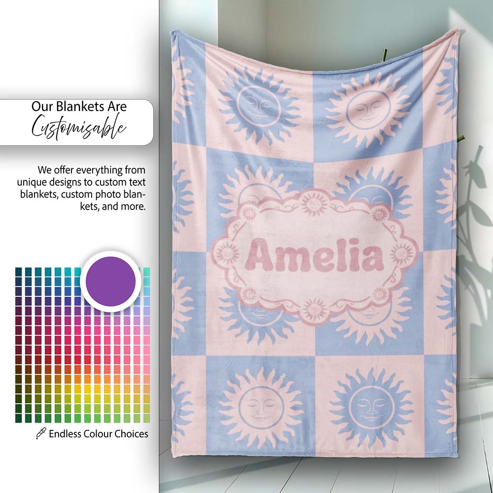 Cute Blue Pink Sun Face Checkerboard Celestial Seamless Pattern Name  Personalised Custom Name Super Soft Fleece Blanket Bed Sofa Throw