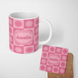 Personalized Custom Name Cute Pink Tone Sun Face Checkerboard Celestial Seamless Pattern Name 11oz Ceramic Coffee Tea Mug White Large Handle