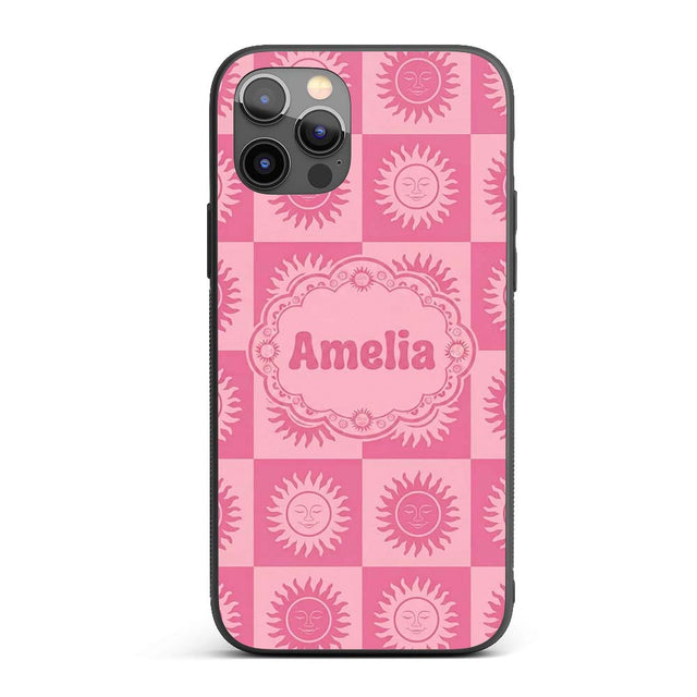 Cute Pink Tone Sun Face Checkerboard Celestial Custom Name Protective Phone Case Mobile Cover Durable Everyday Smartphone Shock Resistant