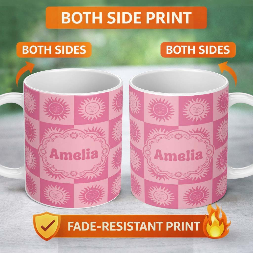 Personalized Custom Name Cute Pink Tone Sun Face Checkerboard Celestial Seamless Pattern Name 11oz Ceramic Coffee Tea Mug White Large Handle