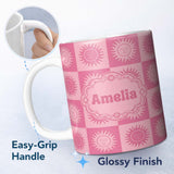 Personalized Custom Name Cute Pink Tone Sun Face Checkerboard Celestial Seamless Pattern Name 11oz Ceramic Coffee Tea Mug White Large Handle