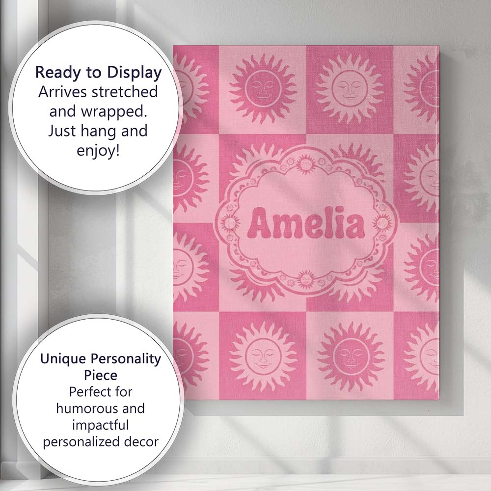 Personalised Name Cute Pink Tone Sun Face Custom  Unique Gift Idea Elegant Feature Canvas Wall Art Print Decor Picture Ready to Hang