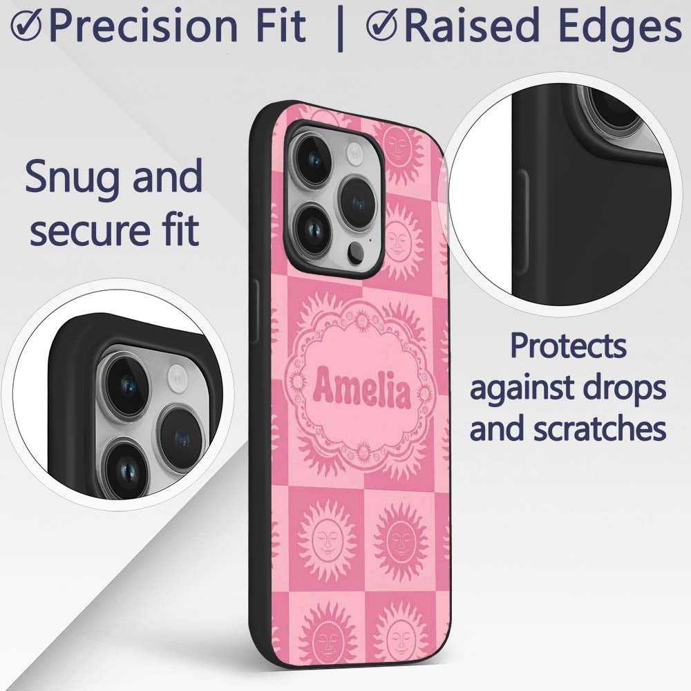 Cute Pink Tone Sun Face Checkerboard Celestial Custom Name Protective Phone Case Mobile Cover Durable Everyday Smartphone Shock Resistant